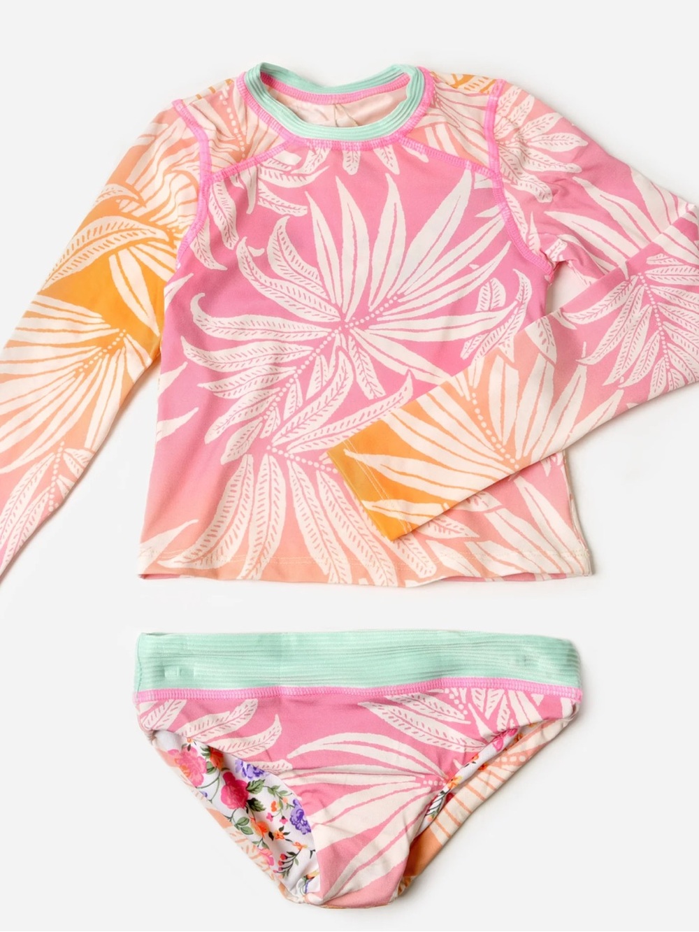 Maaji Girls Pink & Orange Ombre Foliage Rashguard Bikini Set